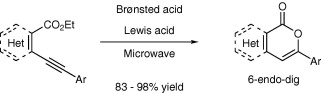Graphical abstract : 6-endo-dig Cyclization of heteroarylesters to alkynes promoted by Lewis acid catalyst in the presence of Bronsted acid